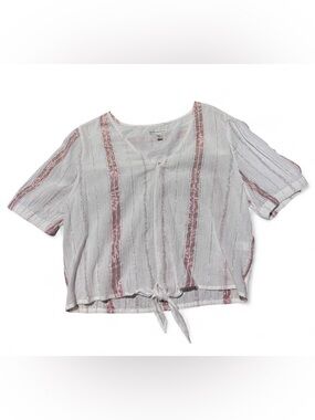 Versona Grey & Pink Metallic Striped Tie-Front Blouse